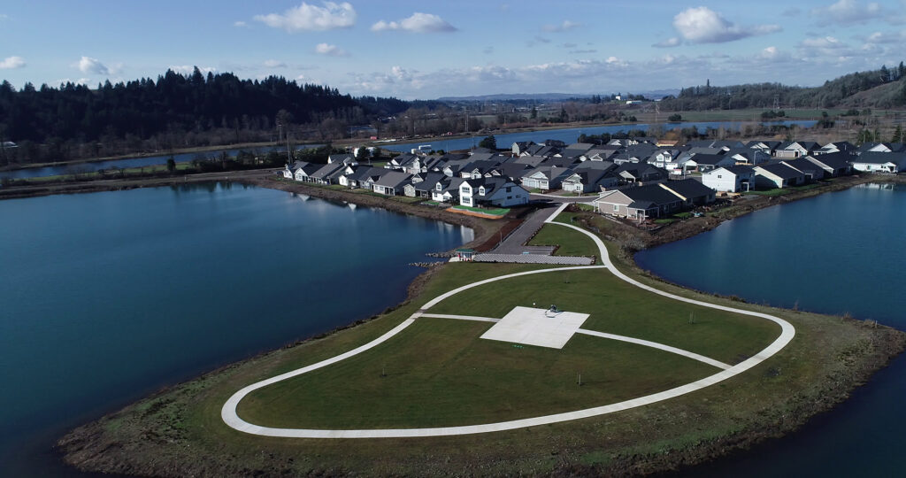 Aerial view of housing development on the water