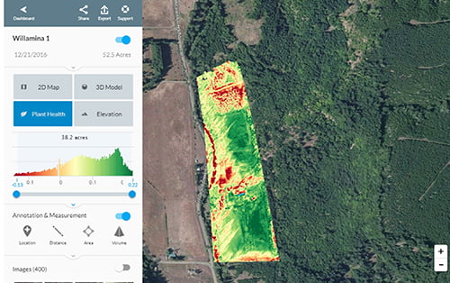 Aerial drone mapping screenshot showing a preview of the planet health specs