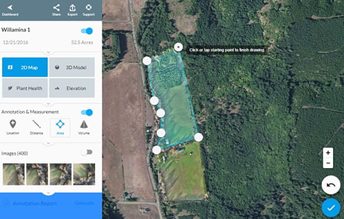 Aerial drone mapping screenshot showing a preview of the 2s map specs