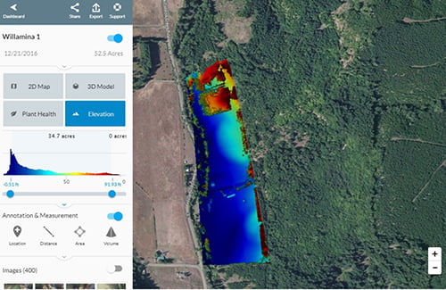 Aerial drone mapping screenshot showing a preview of the elevation specs