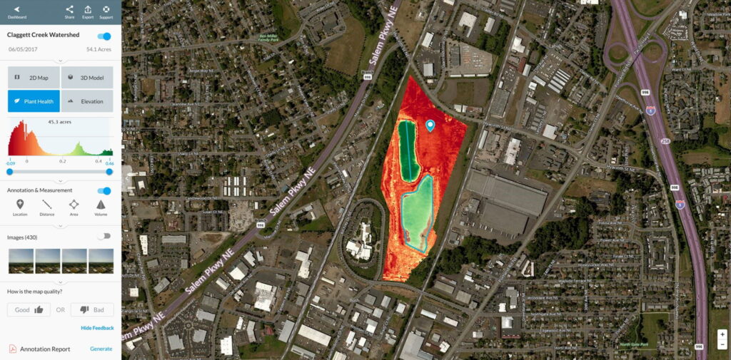 Aerial drone mapping screenshot showing specs