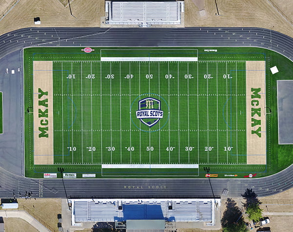 Aerial view looking straight down on new football field